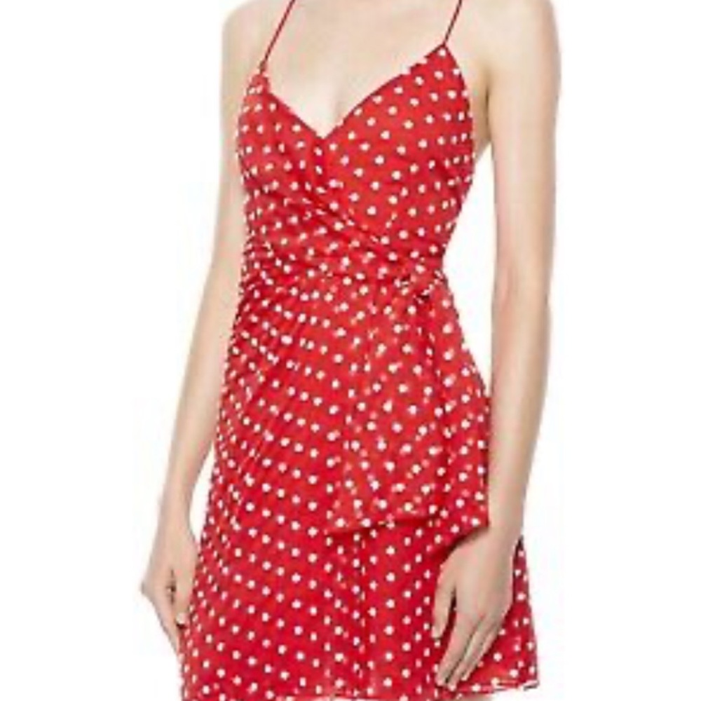 Alice + Olivia Red Polka Dot Wrap-Style Mini Dress - Picture 2 of 16